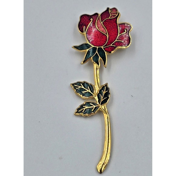 The Unbranded Brand Jewelry - Vintage Red Enamel Cloisonné Rose Flower Brooch Pin